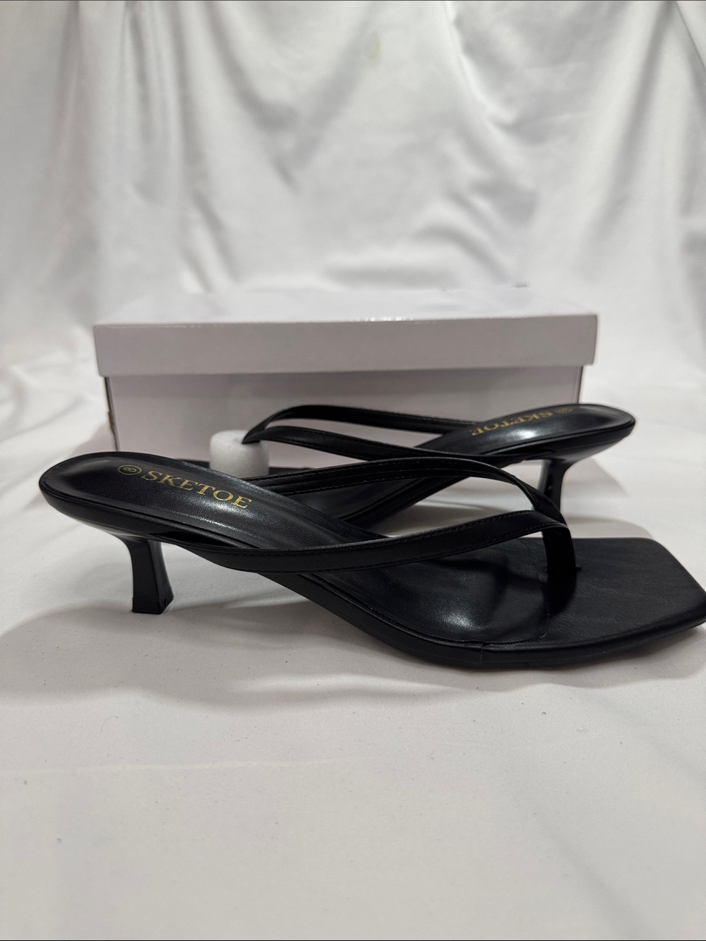 New Black Kitten Heel Thong Sandals 8